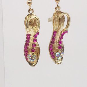 Gold Plated Pink Crystals Heeled Sandal Dangle Earrings